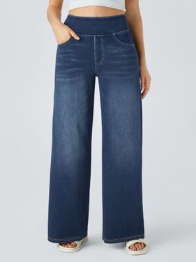 HALARA Dark Blue Wide-Leg Washed Denim Jeans